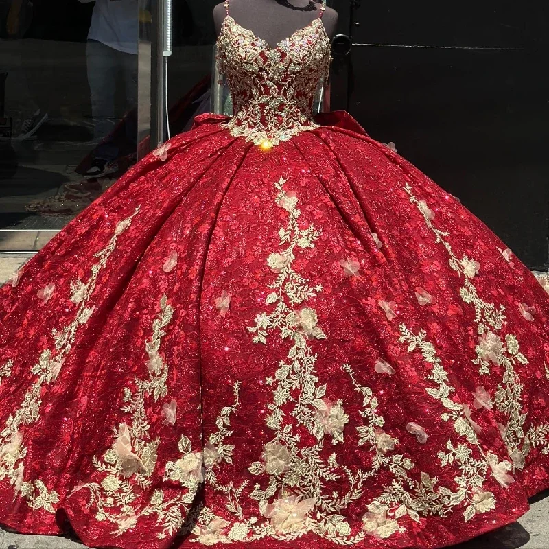 off-shoulder dressRed Shiny V-Neck Quinceanera Dresses Ball Gown Birthday Gowns Spaghetti Strap Gold Lace Appliques Corset Sweet 16 Dresses vestid