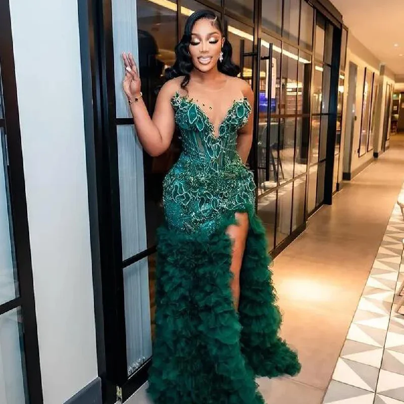 summer dressHunter Green Slit Prom Dresses With Sheer Neck Major Beads Tiered Bottom Luxury Mermaid Evening Gowns Aso Ebi Party Dress