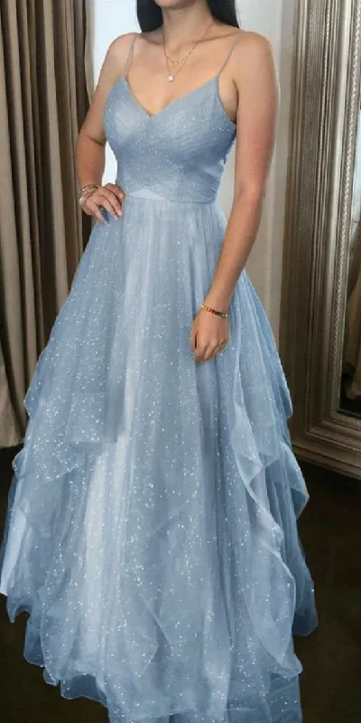 ashionable dressElegant Blue Spaghetti Straps V-neck Tulle Long Prom Dresses Y6806