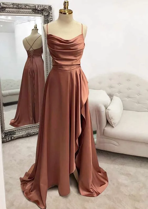 oversized dressA-line Bateau Spaghetti Straps Long/Floor-Length Satin Prom Dress With Pleated Split Y7039