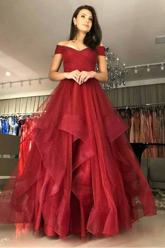 puff sleeve dressOff the Shoulder Tiered Red Prom Dress with Pleats