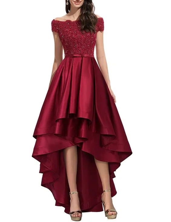 boho dressOff Shoulder Prom Dresses High Low Formal Gowns Evening Dress Lace Appliques Y5685