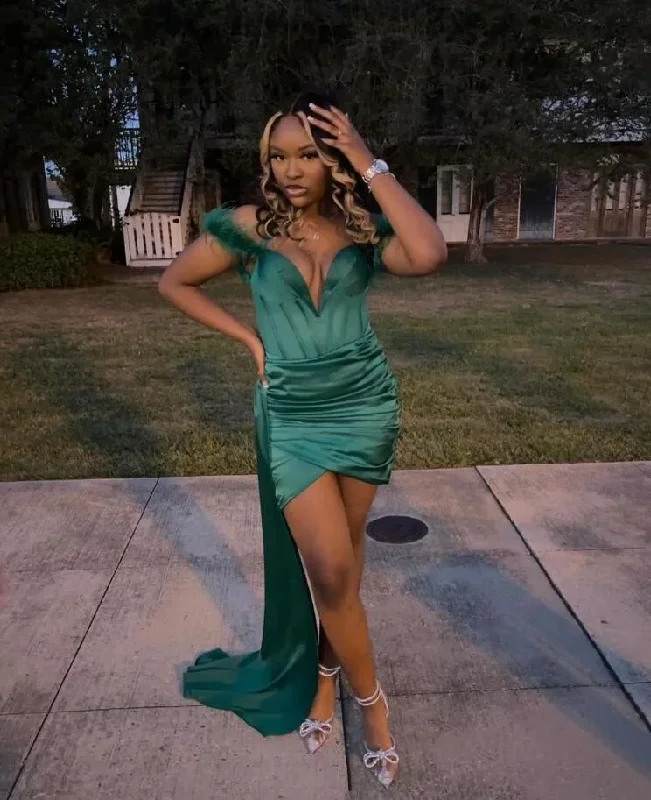 stylish dressHunter Green Mini Cocktail Evening Dresses Off Shoulder Feather Stain Black Girl Birthday Queen Gown feestjurk dames bruiloft