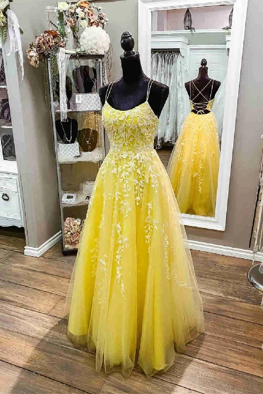 tiered dressStraps Yellow Lace Appliques Prom Dress