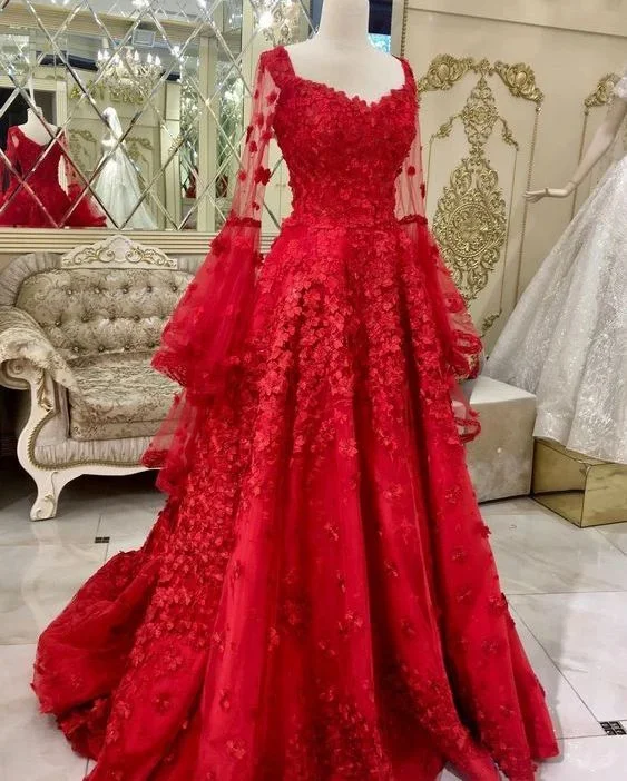 playful dressA-line red tulle and lace appliqued long plus size formal dress prom dress Y7048