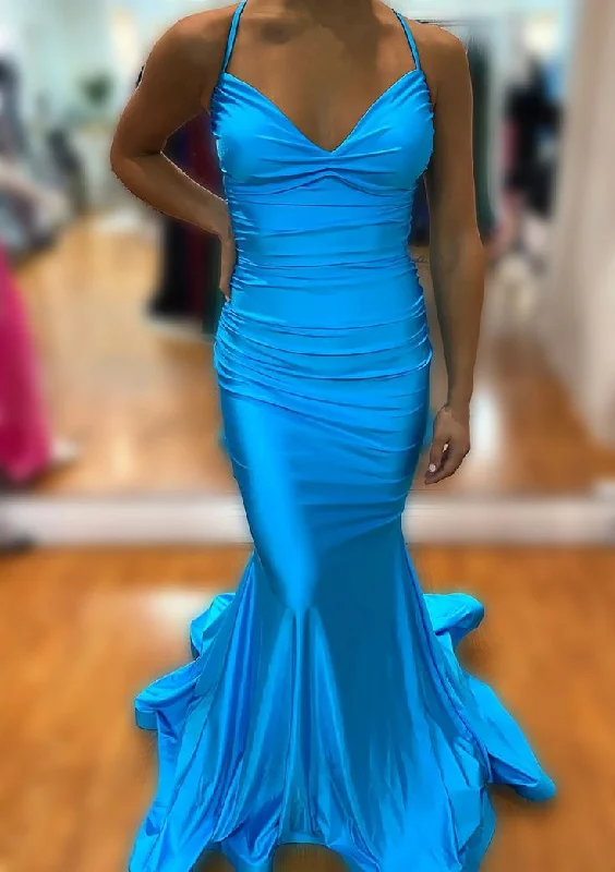 satin midi dressTrumpet/Mermaid V Neck Sleeveless Sweep Train Prom Dress With Pleated Y7253