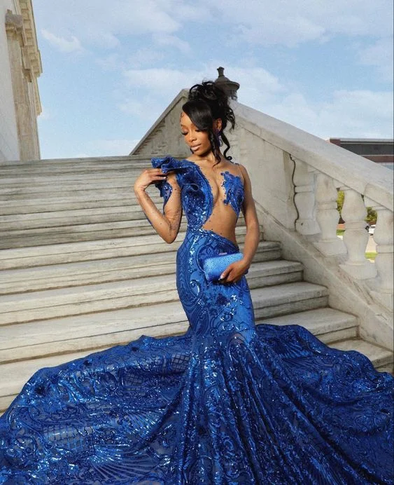 classic fit-and-flare dressSexy blue prom dress,mermaid prom gown Y6675