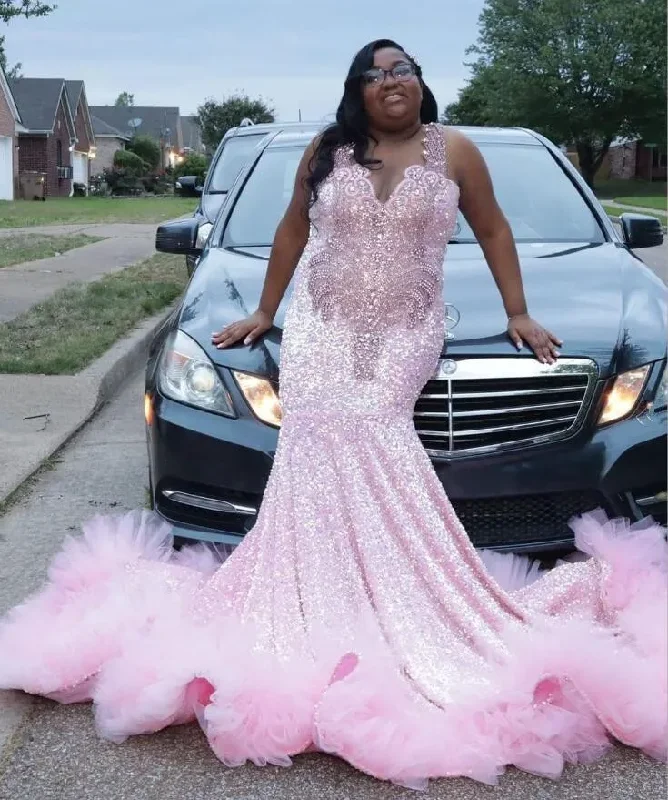 pleated maxi dressSparkly Pink Mermaid Long Evening Birthday Gala Dresses for Black Girl Plus Size Gillter Diamond Velvet Prom Gown 2024