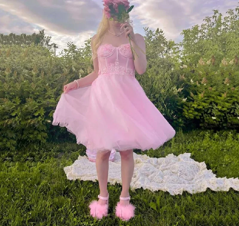 knit dressFairy Princess Pink Prom Dresses Sweetheart Appliques 3D Flowers Tulle Knee Length Women Evening Gowns Wedding Party