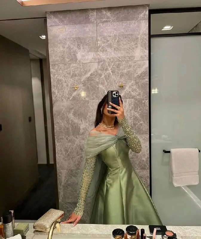 statement dressElegant Cyan Shiny Long Sleeves Off Shoulder Satin Evening Dresses With Bow Long Arabic Prom Gown Lady Formal Occasion Dress