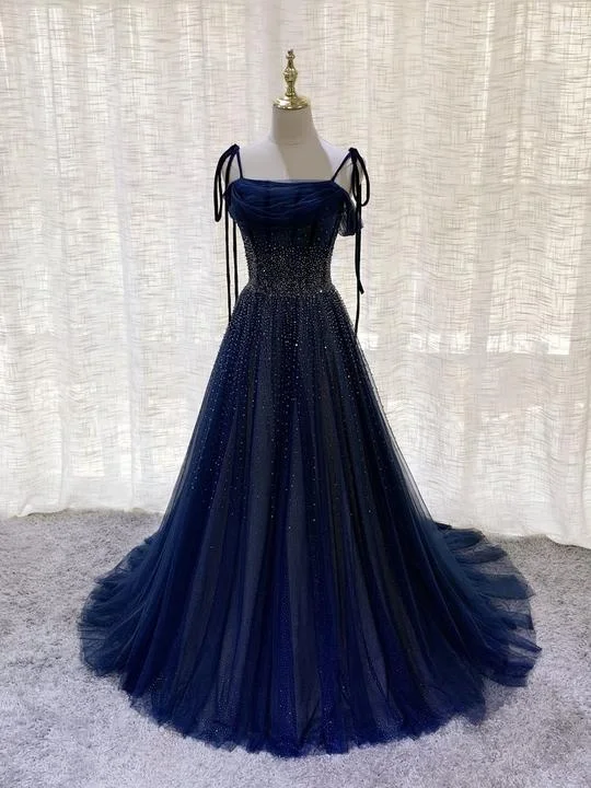 boho-chic dressDark blue tulle sequin long prom dress, dark blue evening dress