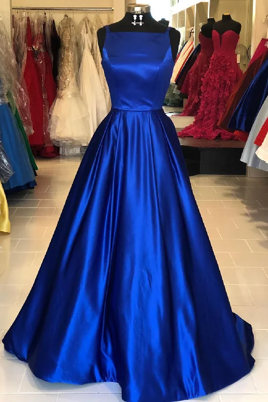 casual summer dressHollow Out Royal Blue Satin Long Prom Dress