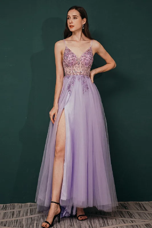 sleeveless dressLight Purple A-line Rhinestones Tulle Long Prom Dress