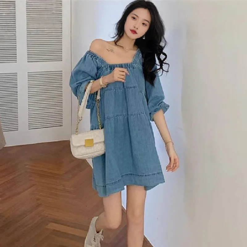 long sleeve dressSquare-cut Collar And Blue Dress French Girl Loose Skirt Female