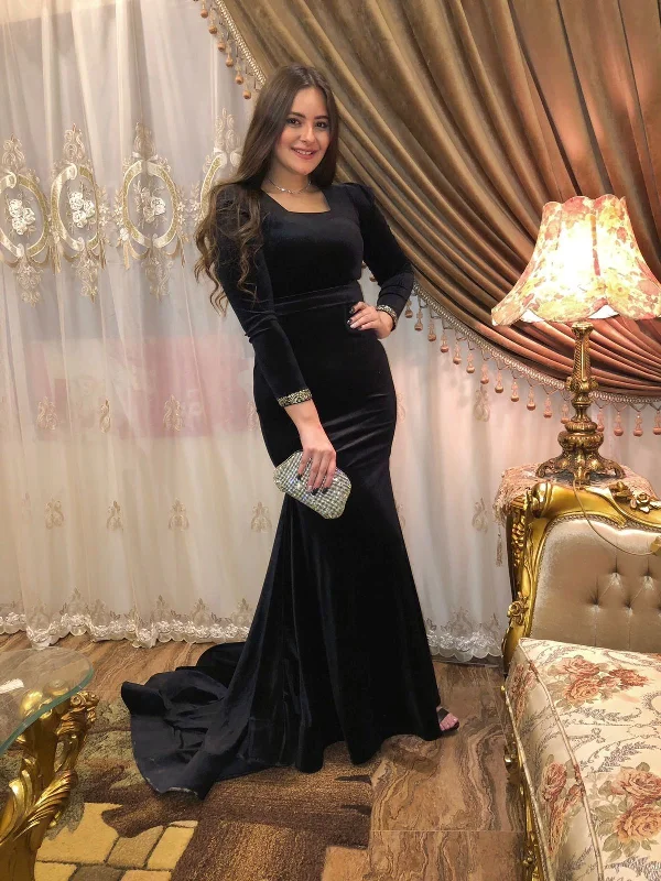 formal dressElegant Black Long Sleeves Mermaid Evening Dress,Black Evening Gown Y5661