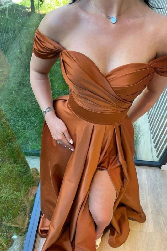 minimalistic dressBurnt Orange Satin A-line Side Slit Long Evening Prom Dresses, Off Shoulder Prom Dress Y6746