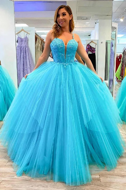 v-neck dressA-Line Lace Appliques Blue Prom Dress