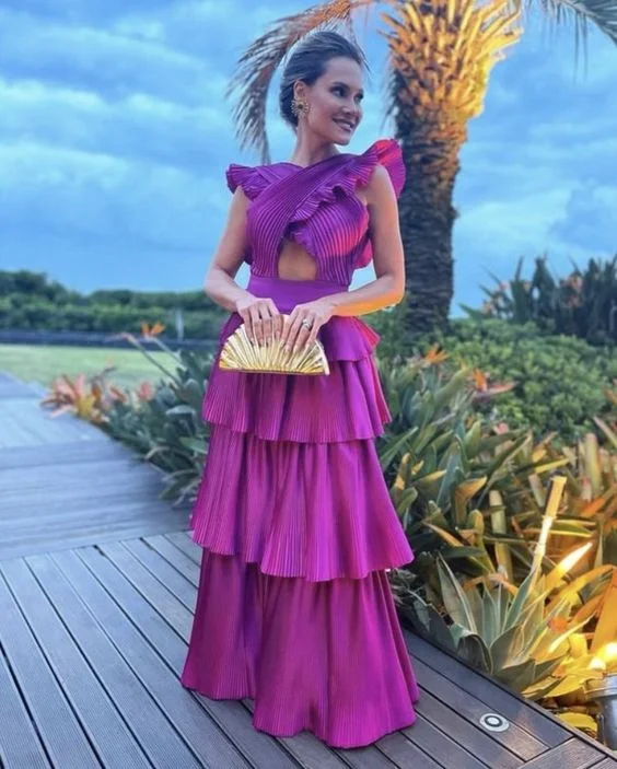 chic shift dressPurple A-line Multi-layered Prom Dress,Formal Gown Y7107