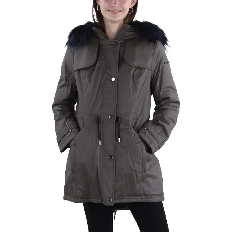 sleek and warm coatWomens Faux Fur Trim Hooded Anorak Jacket