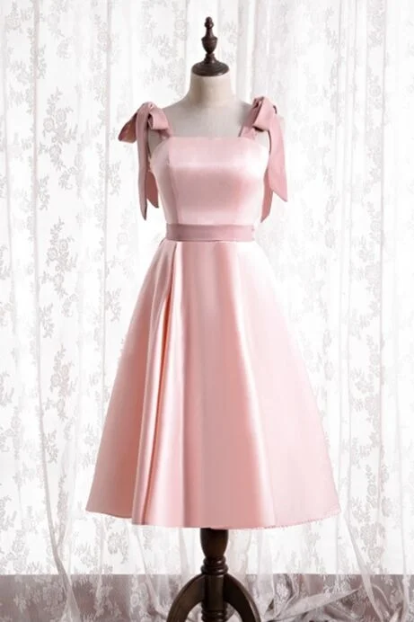 trendy dressKnee Length Pink Satin Party Dress with Tie Shoulders