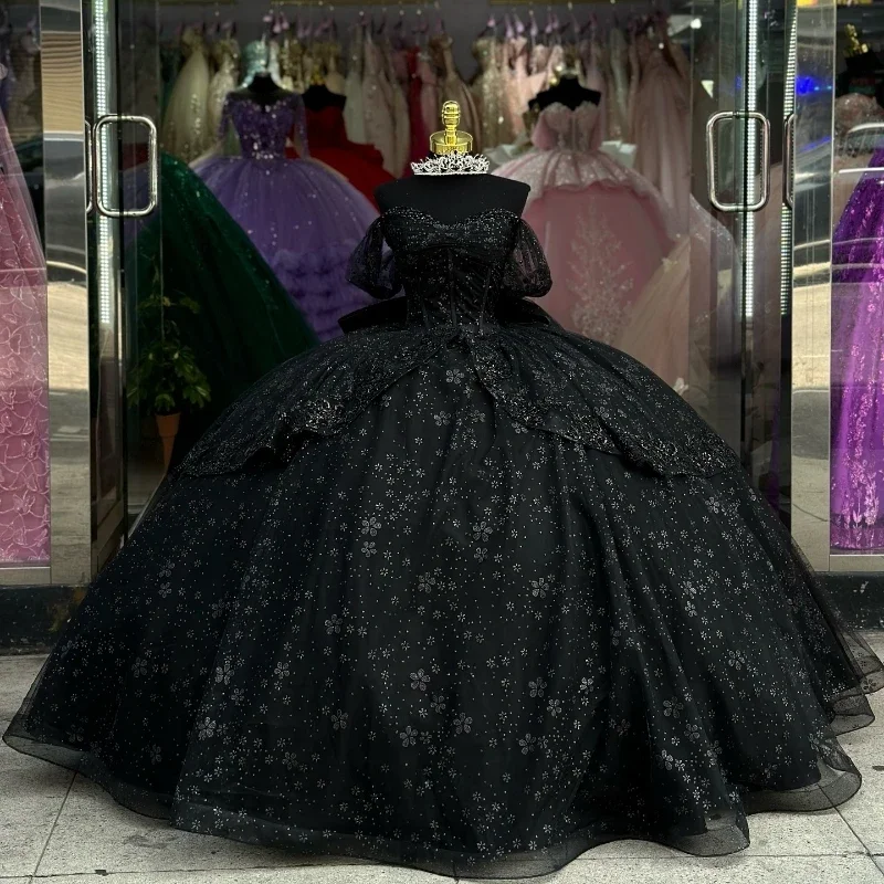 ashionable dressLuxury Black Shiny Quinceanera Dressess 2024 Off The Shoulder Ball Gowns Beads Bow Tull Sweet 16 Dress Vestidos De 15 Años