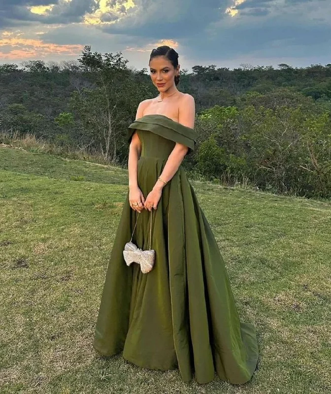 statement dressOff Shoulder Green Prom Dress A Line Evening Gown