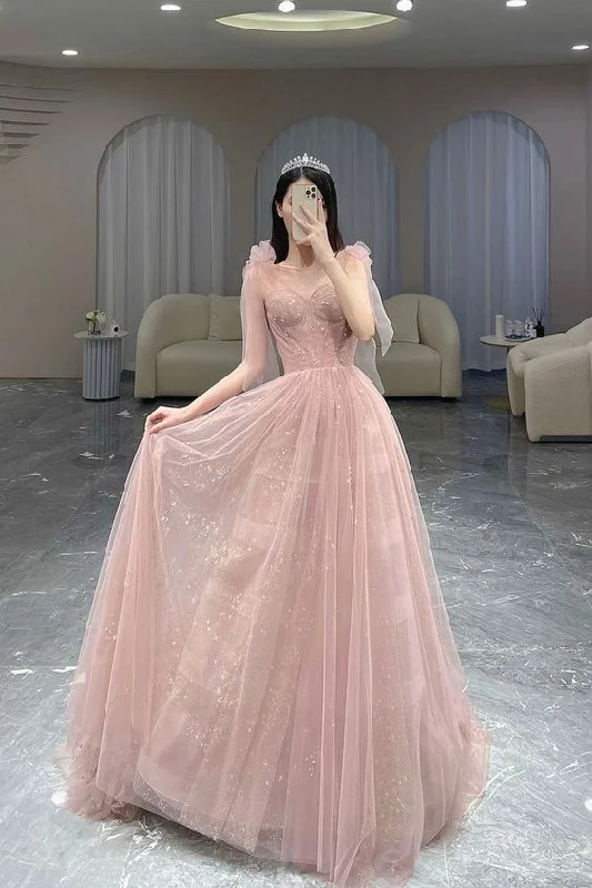 ashionable dressPink A-Line Tulle Long Prom Dress, Cute Pink Graduation Dress Y7009