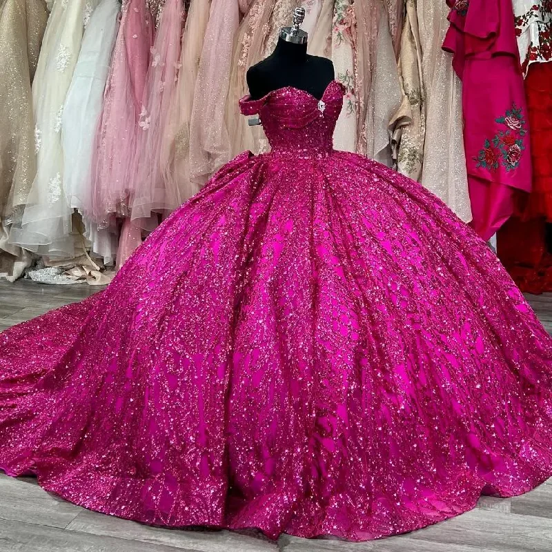 one-shoulder dressFuchsia Purple Sparkly Princess Quinceanera Dresses Off Shoulder Gillter Crystal Sequins Prom Sweet 15 vestidos de cerimonia