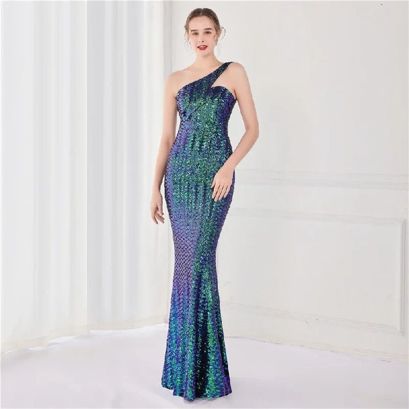 pleated maxi dressBerriesJam - 2024 One Shoulder Sleeveless Sequin Party Formal Maxi Dress