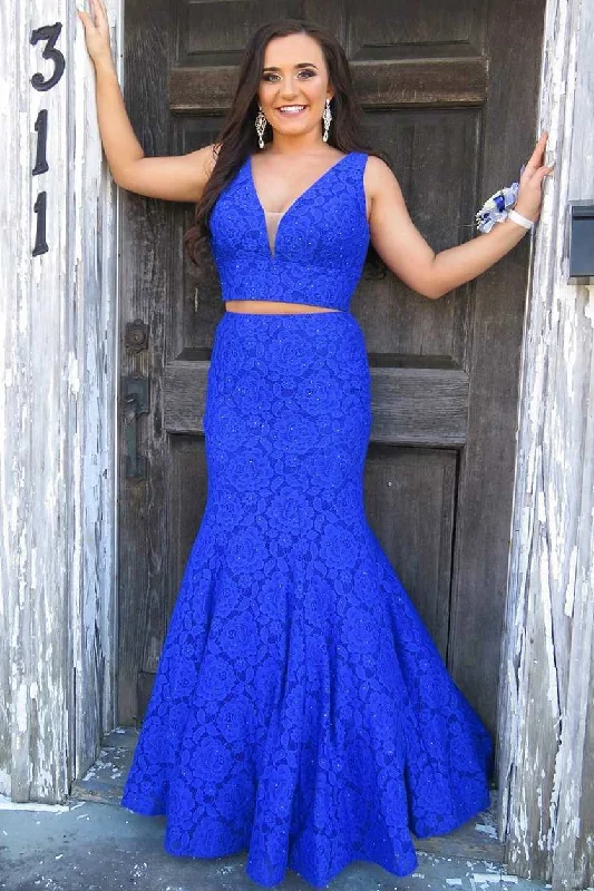 spaghetti strap dressTwo Piece Royal Blue Lace Long Prom Dress