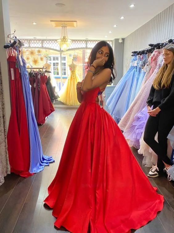 flowy evening dressClassic Red A-line Satin Prom Dress With Pockets Y7164