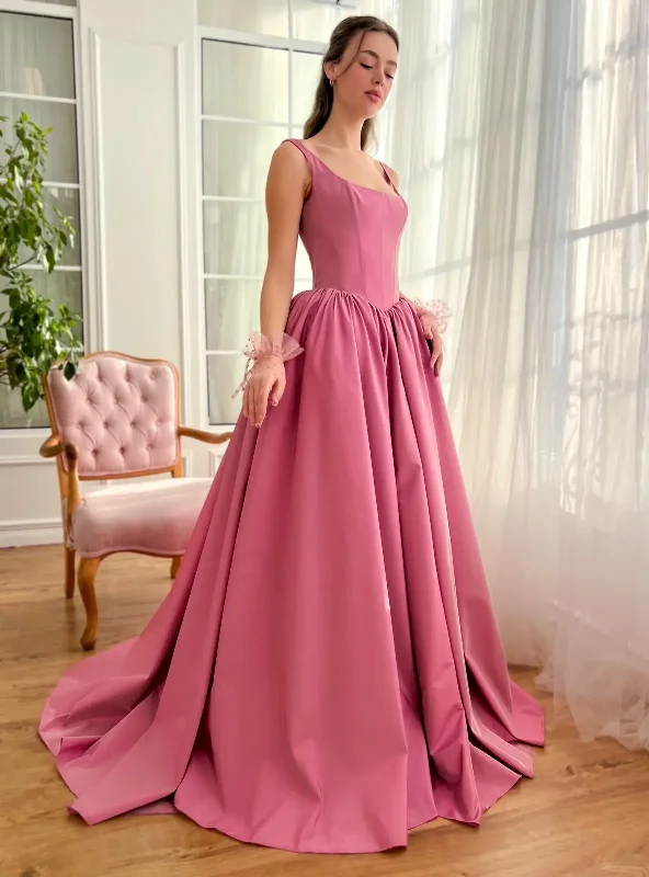 luxury dressElegant Square Collar Evening Dresses Taffeta Spaghetti Straps Basque Waist A-line Formal Party Gown Pleat Backless Dating Dress