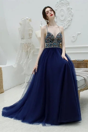 mini dressElegant Halter Beaded Navy Blue Long Prom Dress