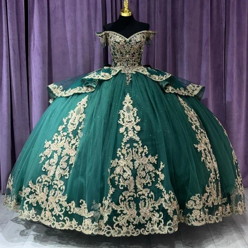 summer dressEmerald Green Shiny Quinceanera Dresses For Sweet 16 Princess Gown Gold Applique Lace Beads Birthday Party Prom Dresses Vestido