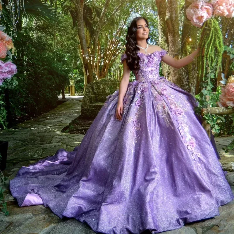 pleated maxi dressLavender Sweetheart Shiny Quinceanera Dresses Beads 3DFloral Applique Lace With Cape Sweet 15 Birthday Party Ball Gowns