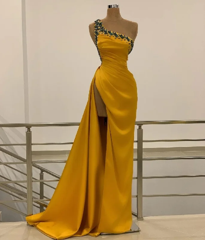 chic dressGold Haute Couture Prom Dresses A-line One-shoulder Slit Beaded Saudi Arabia Dubai Robe De Soiree Evening Dress Gown