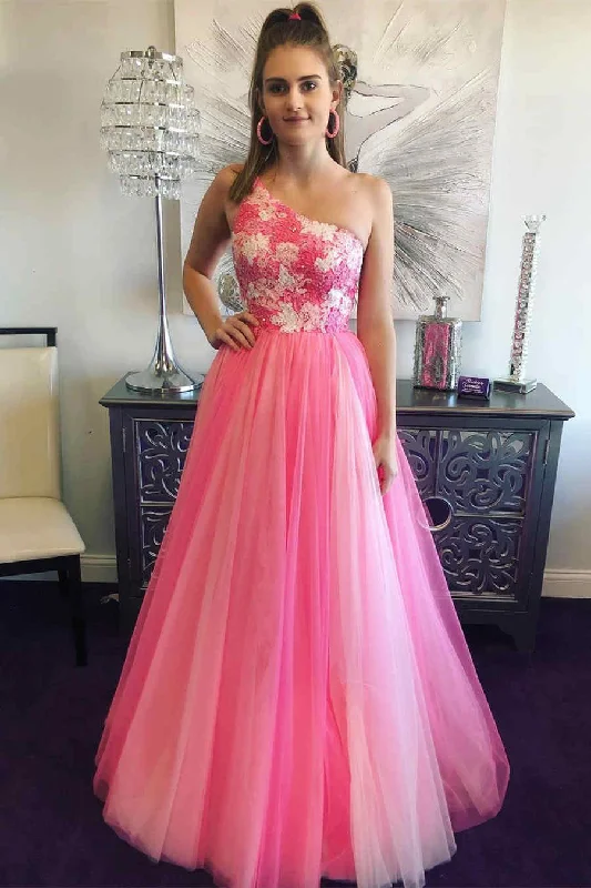 form-fitting dressOne Shoulder Hot Pink Tulle Prom Dress with Appliques