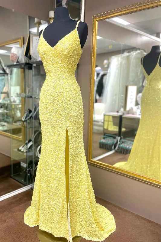 vintage-inspired dressMermaid Yellow Sequins Long Prom Dress with Slit