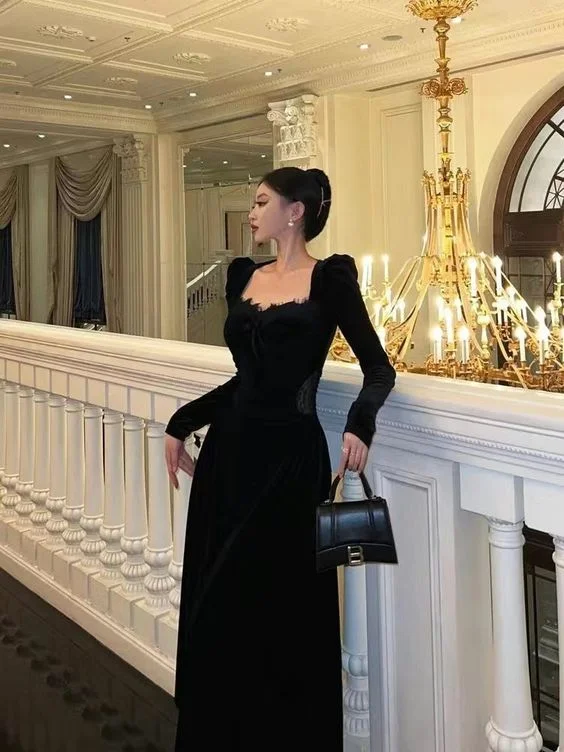 casual knit dressElegant Black Long Sleeves A-line Prom Dress,Black Party Gown Y7083