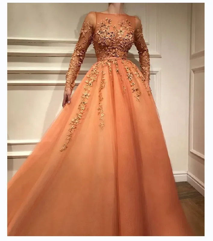 bodycon dressCustom Orange Long Sleeve 3D Flowers Appliques Floor-Length A-Line Tulle Sweep Train Formal Evening Dress