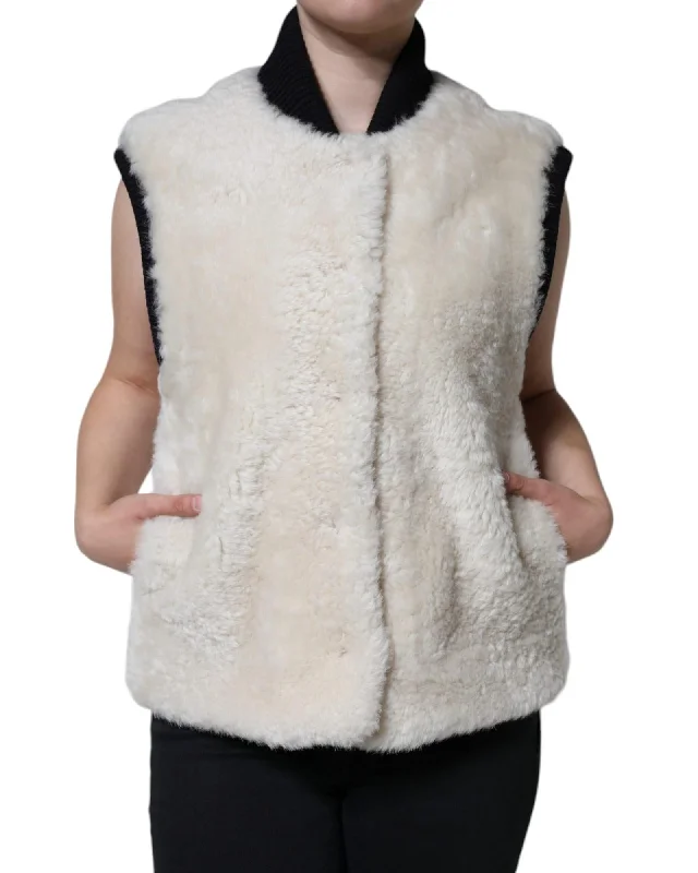 cold weather jacketBurberry Shearling Leather Vest Coat Jacket with Front Pockets and Button Closure