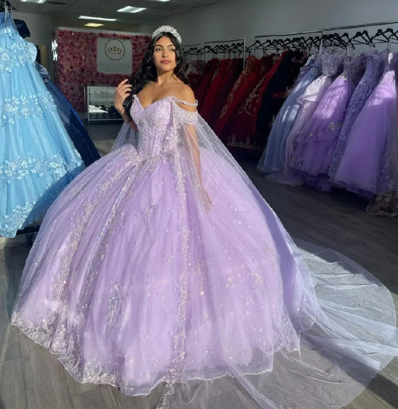 bohemian dressCute Lilac Flowers Princess Quinceanera Dresses With Detached Cape Beads Crystal Sweet 16 Dress Vestido De 15 Años Prom