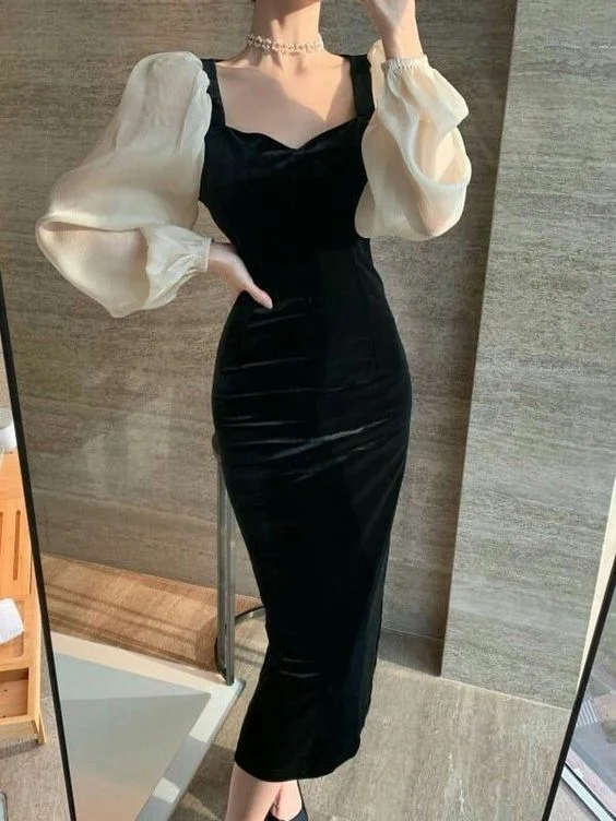 romantic dressWinter V-Neck Elegant Black Stitching Velvet Dress Female Retro High Waist Puff Sleeves Evening Dress Y5673