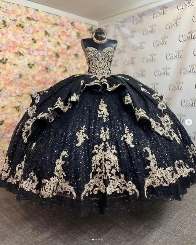 floral dressGlittering Quinceanera Dresses Black Gold Applique Luxury Sweetheart Vestidos De 15 Anos Birthday Party Prom Corset