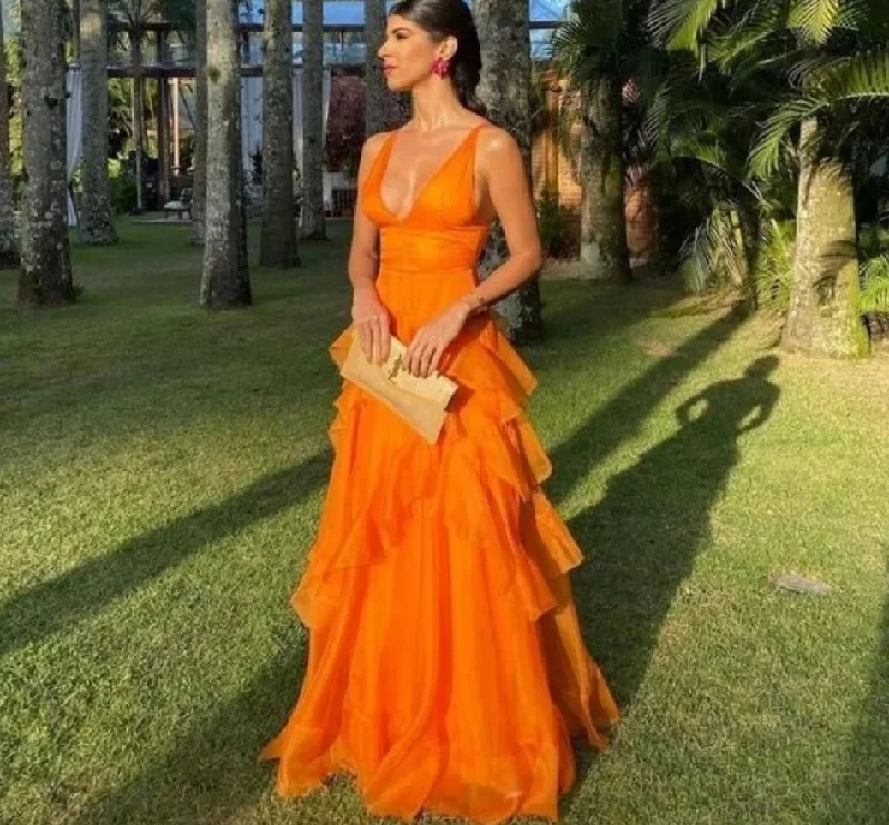 elegant evening dressSexy V-neck Prom Dressess A-Line Tiered Cocktail Evening Dress Orange Ladies Formal Sleeveless Gown