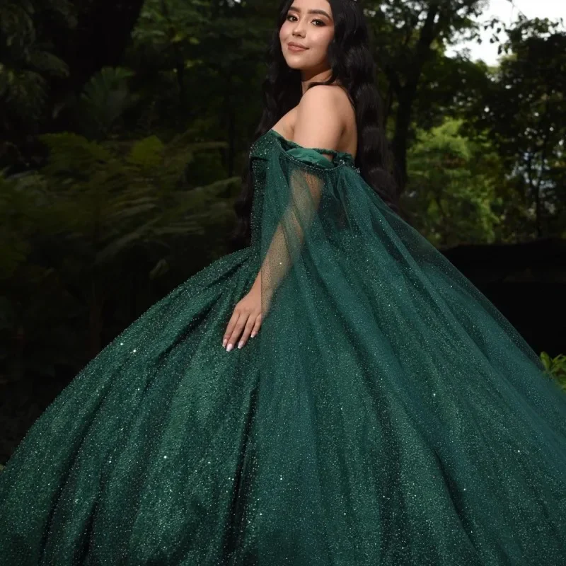 high-waisted dressGreen Shiny Princess Off The Shoulder Quinceanera Dress Ball Gown With Cape XV Años Sweet Gowns Vestidos De 15 Años