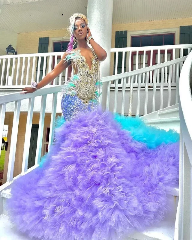 elegant evening dressElegant Lake Blue And Purple Prom Dresses Luxury Feathers Tulle Ruched Crystal Beading Mermaid Formal Eevning Occasion Gown