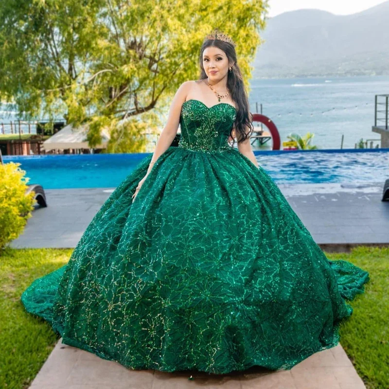 off-shoulder dressEmerald Green Shiny Sweetheart Quinceanera Dresses For Sweet 15 Year Sexy Off the Shoulder Puffy Ball Gown Lace Beads Princess