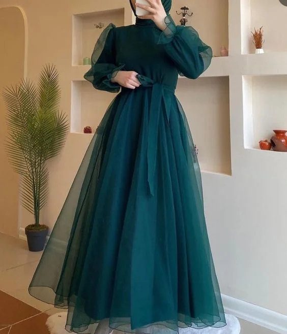 trendy dressModest A-line Long Sleeves Tulle Prom Dress,Muslim Dress Y6969