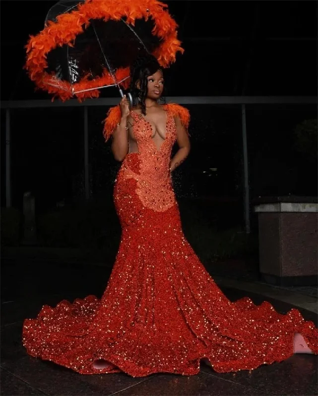 elegant evening dressElegant 2024 Orange Sequined Mermaid Prom Dresses With Crystal Beading Feathers Shoulder Brithday Part y Gowns For Black Girl